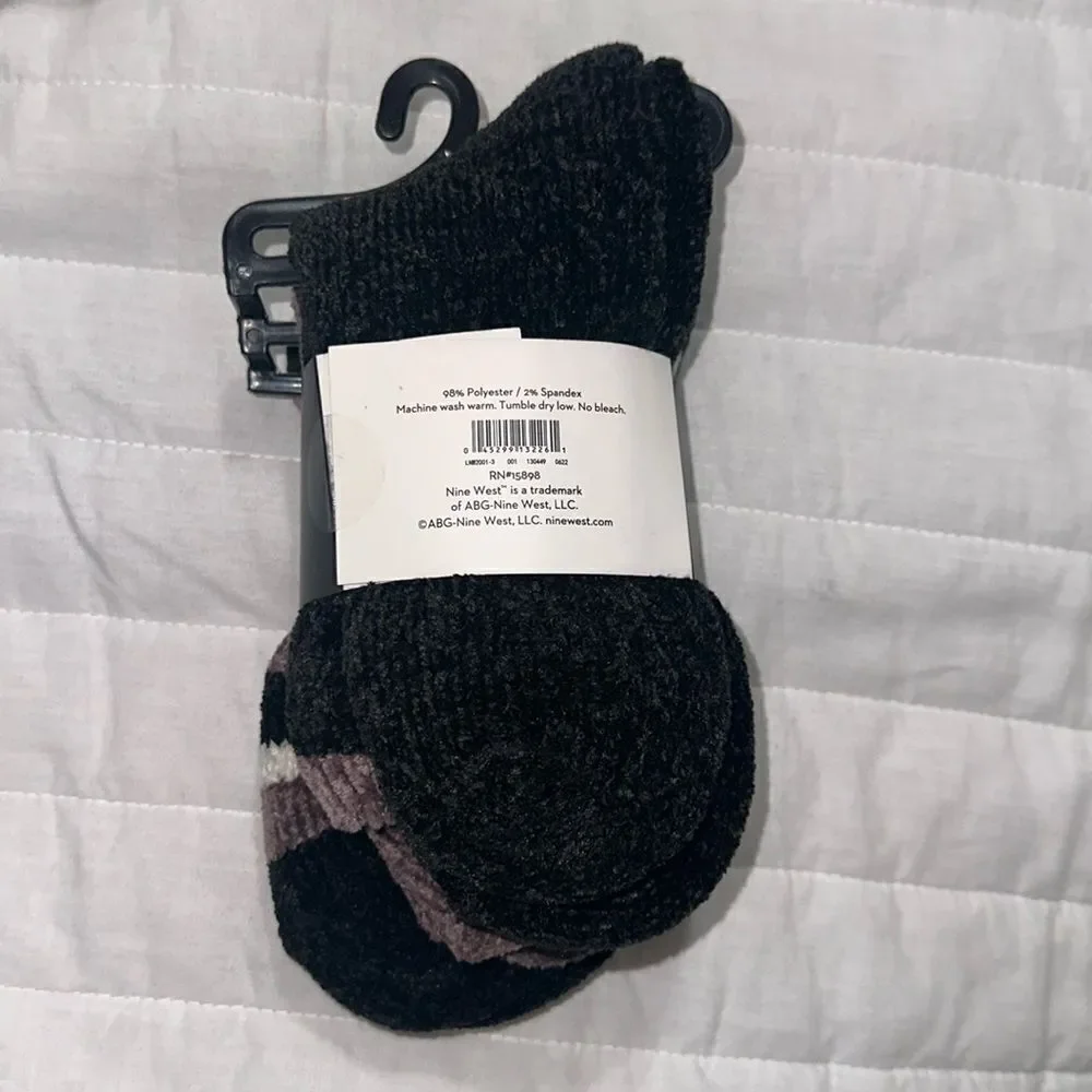 Nine West Ladies 3 Pk Chenille Boot Socks Ivory Black Mauve White Stripes